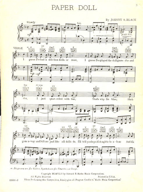 Vintage/Used Sheet Music - Paper Doll by Johnny Black - Piano/Vocal/Chords