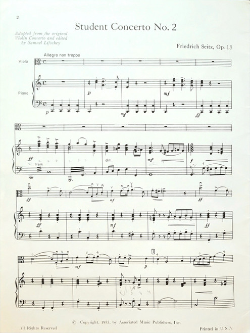 USED BOOK - Friedrich Seitz Student Concerto No. 2 for Viola Op. 13