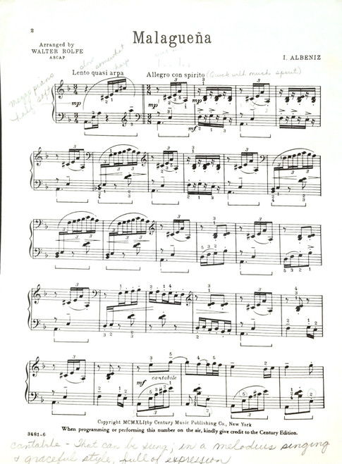 USED/VINTAGE Sheet Music - Malaguena Albeniz
