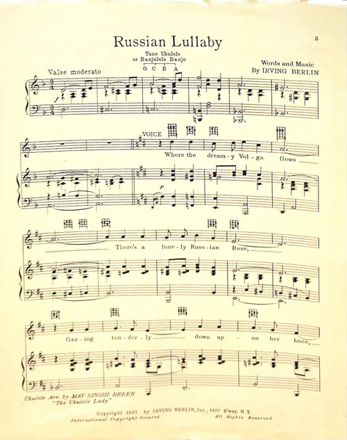 USED/VINTAGE Sheet Music - Irving Berlin's Russian Lullaby - Piano/Voice