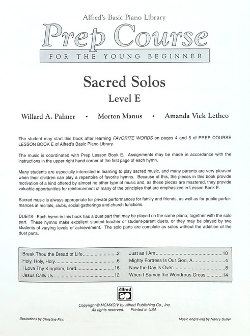Alfred's Basic Piano Library - Prep Course for the Young Beginner - Sacred E