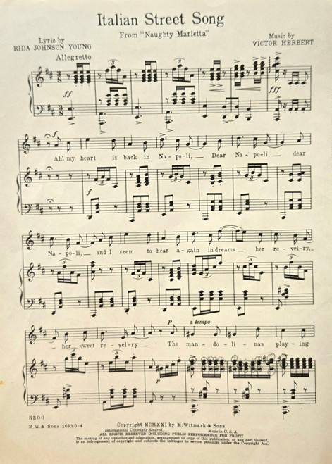 Italian Street Song Sheet Music - from Naughty Marietta - Piano/Vocal
