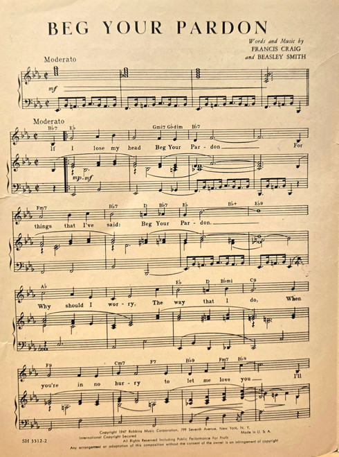 (VINTAGE/USED Sheet Music) Beg Your Pardon - Piano/Vocal/Chord Names (VINTAGE/USED Sheet Music) Beg Your Pardon - Piano/Vocal/Chord Names