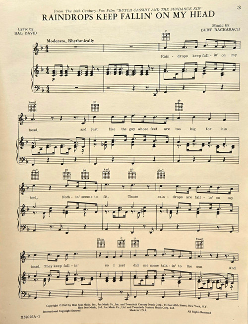 (Vintage Sheet Music) Raindrops Keep Fallin' On My Head - Piano/Vocal/Guitar