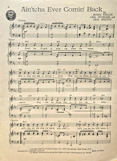 (VINTAGE SHEET MUSIC) Ain'tcha Ever Comin' Back - Piano & Eb/Bb Solo Instrument