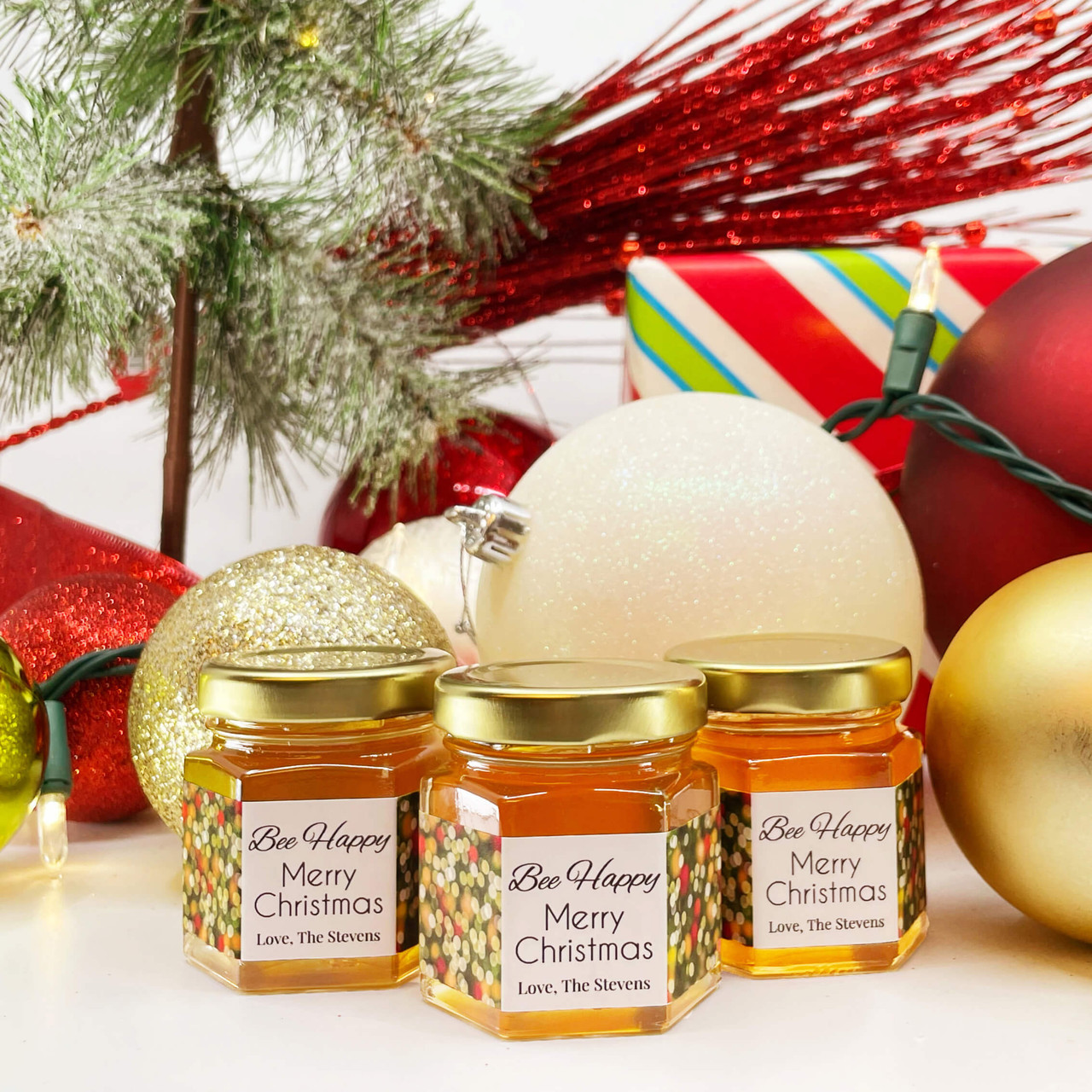 Bee Happy - Holiday Party Favor Honey Christmas Gifts - 2oz Gold Lid