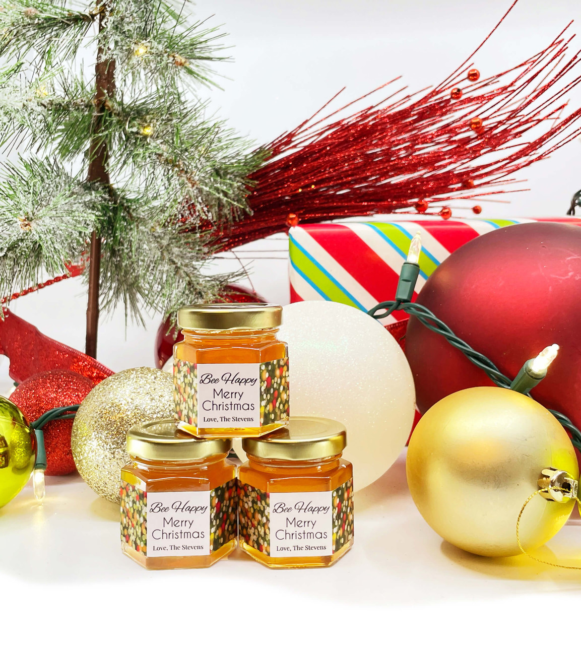 Bee Happy - Holiday Party Favor Honey Christmas Gifts - 2oz Gold Lid