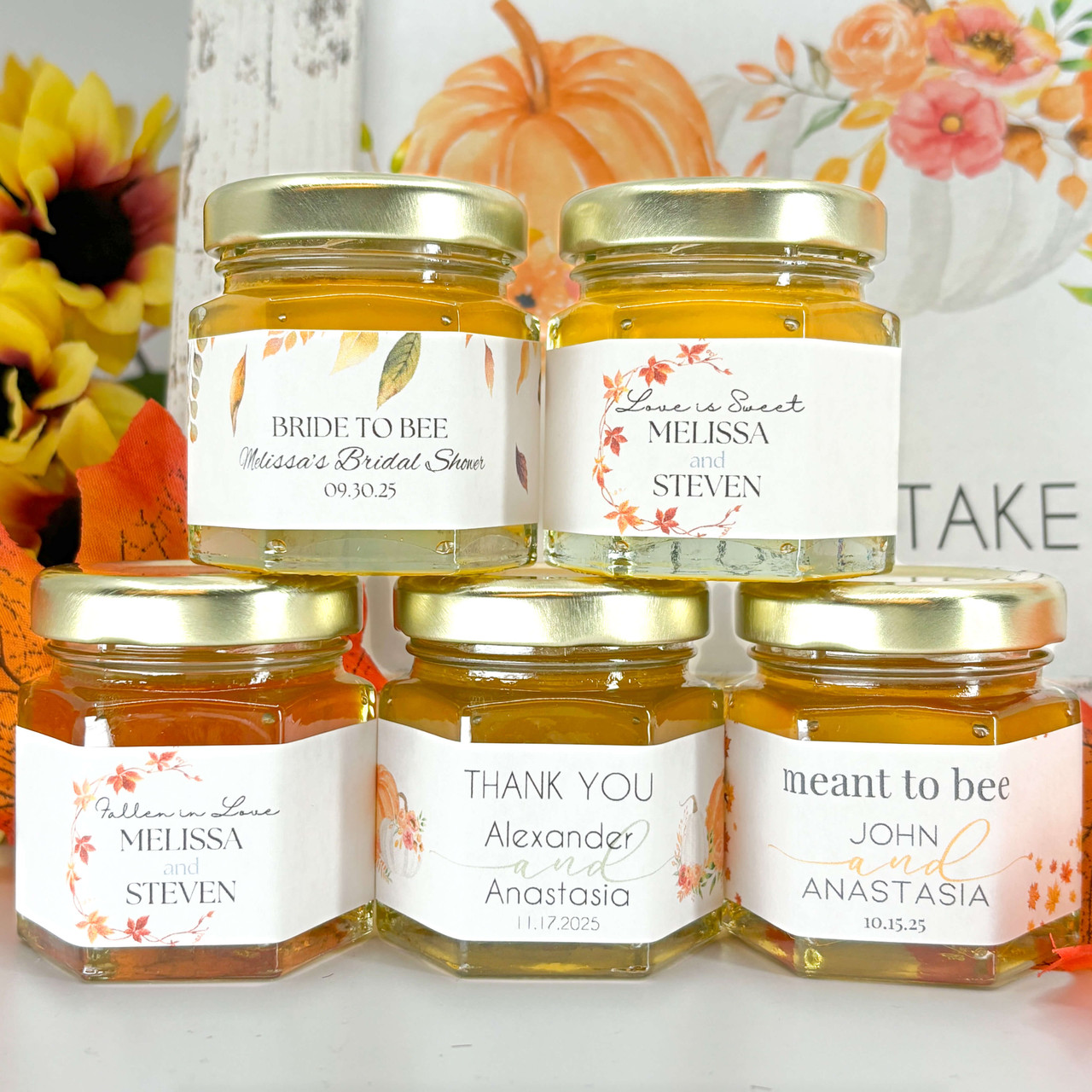 Autumn theme wedding thank you mini honey jar favor