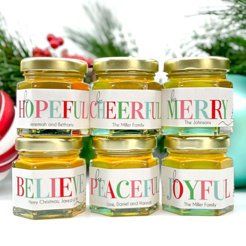 joyful cheerful peaceful merry believe hopeful honey jar favor gifts tree snow