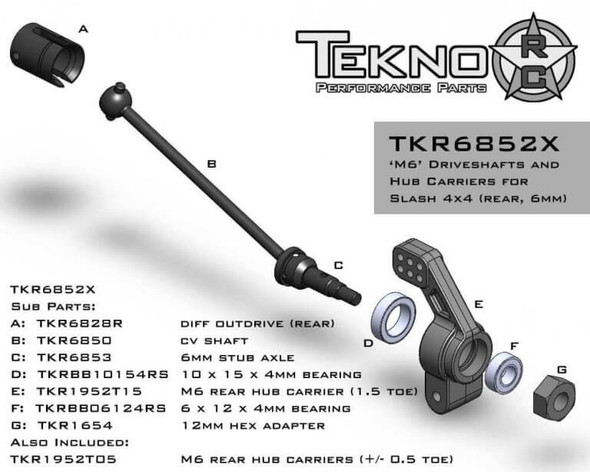 TKR6852X M6 Driveshafts and Hub Carriers for Slash/Stmpd 4x4 (rear, 6mm) Coast 2 Coast RC