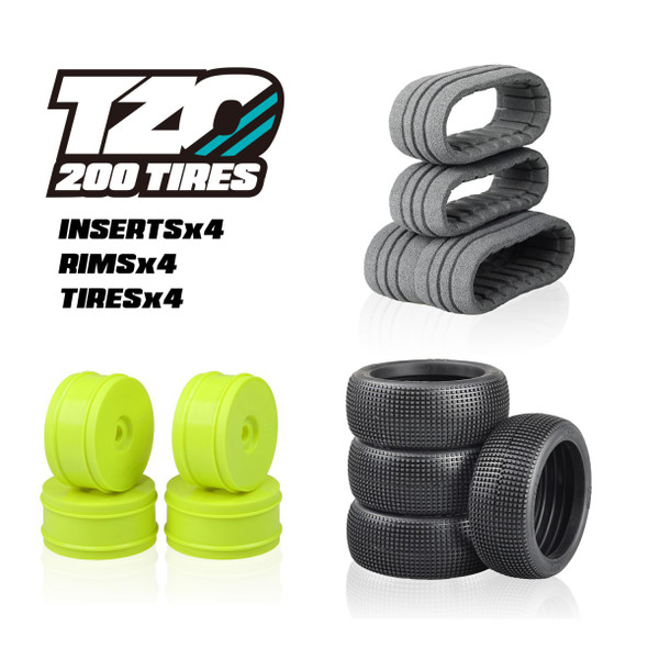 TZO 402 Set Non-Glued (Tires+Inserts+Rims), Yellow Rims,Ultra Soft Coast 2 Coast RC