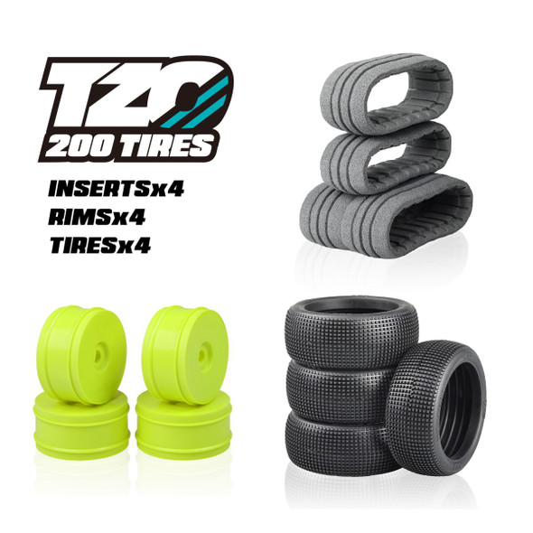 TZO 402 Set Non-Glued (Tires+Inserts+Rims), Yellow Rims,Super Soft TZ402SS-Y-N Coast 2 Coast RC TZO