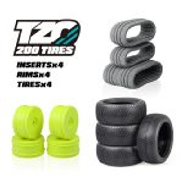 TZO 202 Set Non-Glued (Tires+Inserts+Rims), Yellow Rims,Super Soft Coast 2 Coast RC