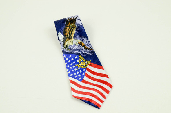 Navy Poly Eagle American Flag Tie with Square & Compasses