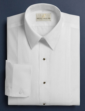 Men's White 1/8 inch pleat Laydown Collar Tuxedo shirt. 65/35 poly cotton with Convertible Cuffs.