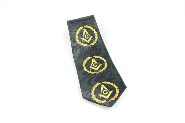 Black Poly Tie with Square and Compasses within Wreath