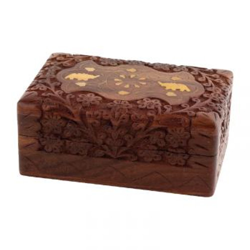 Box - Carved w/ Elephant Inlays/Small