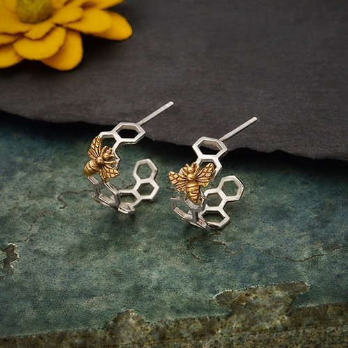 Earrings - Honeycomb Huggie w/ Bee Earrings - Honeycomb Huggie w/ Bee