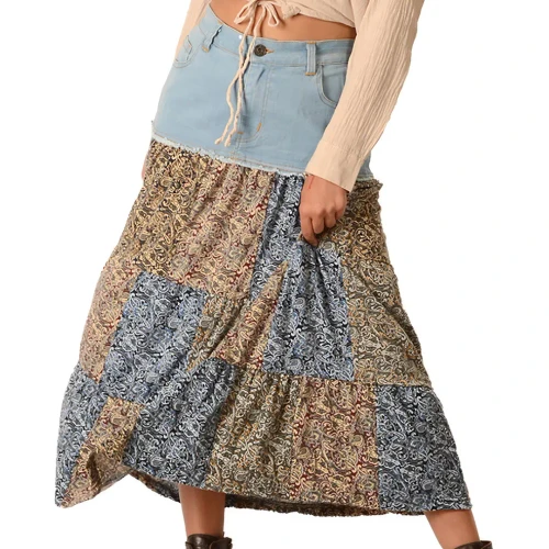 Skirt - Denim w/ Printed Patchwork
