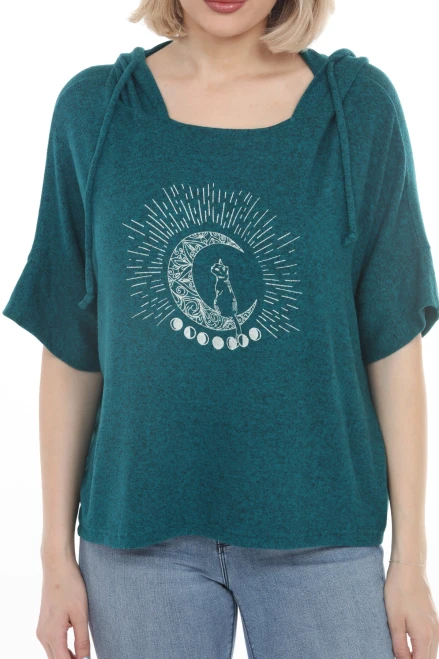 Sweater - Lunar Cat Oversize w/ Hood/Teal