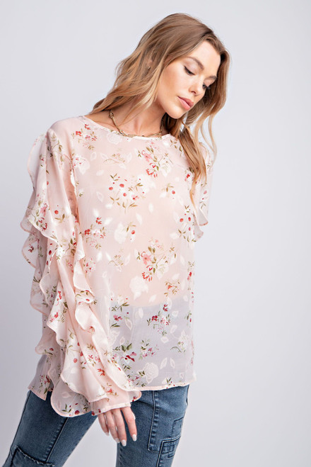 Shirt - Ruffled Sleeve Floral/Blush