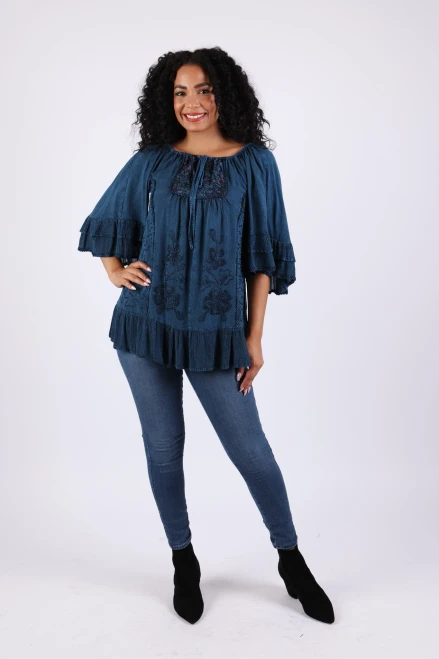 Blouse - Embroidered Boho Peasant/Navy