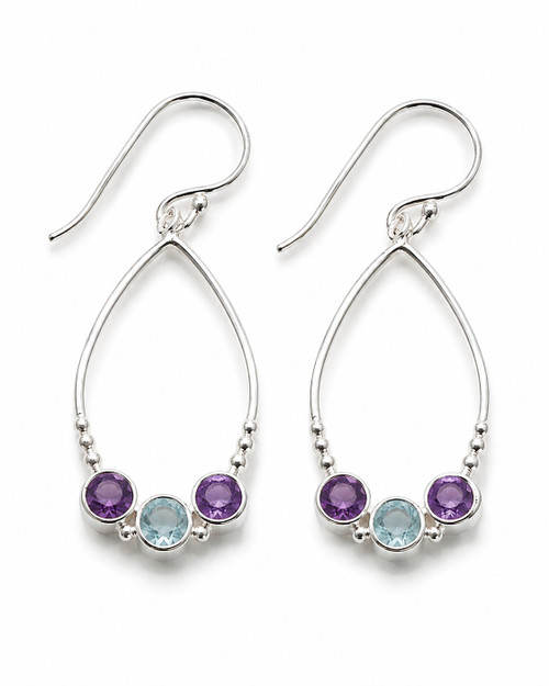 Earrings - Open Hoops w/ Amethyst and Blue Topaz