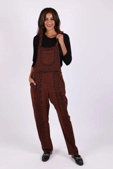 Stonewashed Boho Embroidered Overalls: Fall Colors