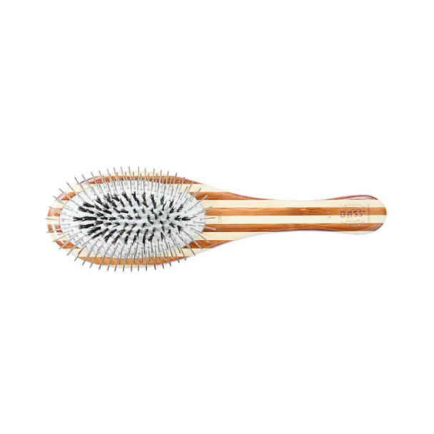 Bass A1 The Hybrid Groomer, Shine & Condition Pet Brush, Natural Bristle + Alloy Pin, Pure Bamboo Handle, Medium Oval , Striped or Dark Finish