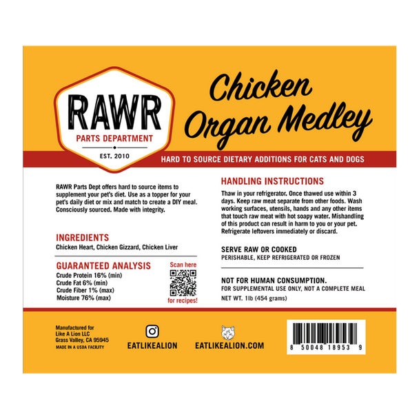 RAWR Parts Department Frozen Chicken Organ Medley, 1lb