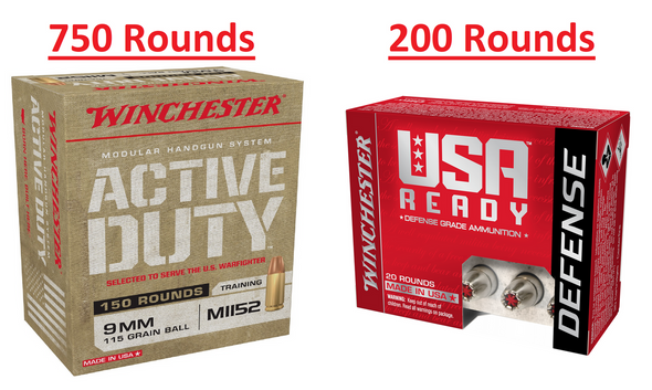 WINCHESTER 9MM - 115GR FMJ 750 ROUNDS + 124GR HEX-VENT HP 200 ROUNDS - 950 ROUNDS TOTAL