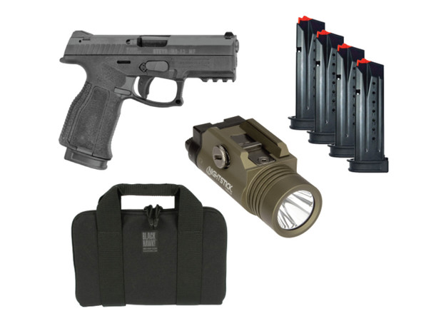 STEYR ARMS BUNDLE A2 9MM PISTOL + NIGHTSTICK TACTICAL LIGHT + BLACKHAWK PISTOL BAG + 4 ADDITIONAL 17RD MAGAZINES (6 TOTAL).