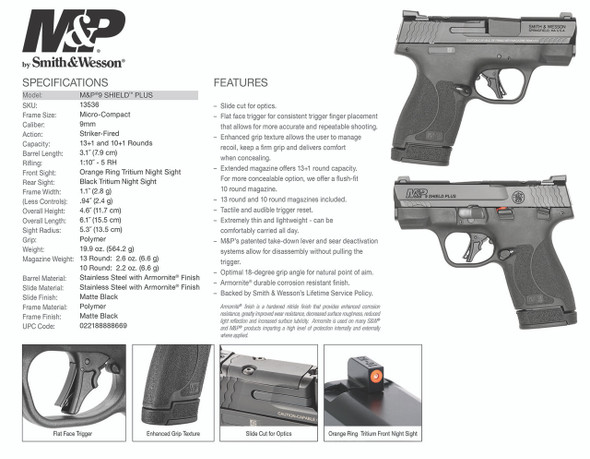 SMITH WESSON 13536 MP9 SHIELD PLUS 9MM LUGER 3.10 101 131 MATTE BLACK FRAME TS BLACK ARMORNITE STAINLESS STEEL BARRELSLIDE WITH OPTICS CUT