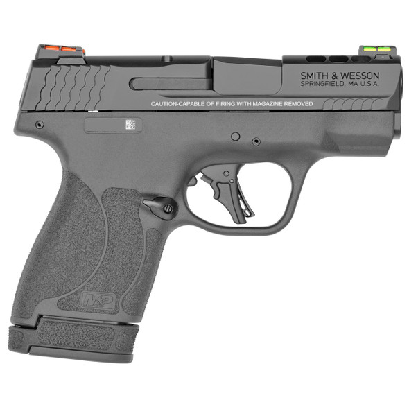 SMITH & WESSON, SHIELD PLUS, PERFORMANCE CENTER, STRIKER FIRED, MICRO COMPACT, 9MM, 3.1" PORTED BARREL, POLYMER FRAME, THUMB SAFETY, FIBER OPTIC, FLAT FACE TRIGGER, 2 MAGS, 1-10RD 1-13RD, BLACK