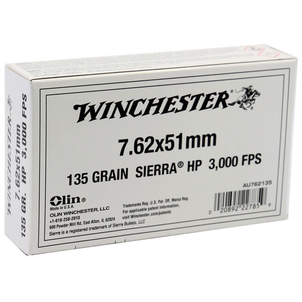 WINCHESTER 7.62X51MM NATO AMMO 135 GRAIN SIERRA HOLLOW POINT - AU762135