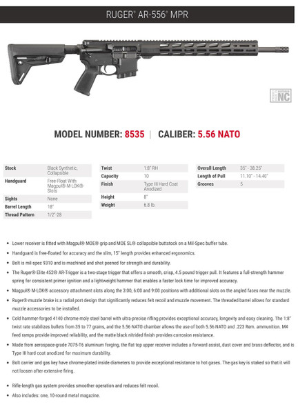 RUG 8535 AR556 223 18IN FF MP MOE GRIP 10R