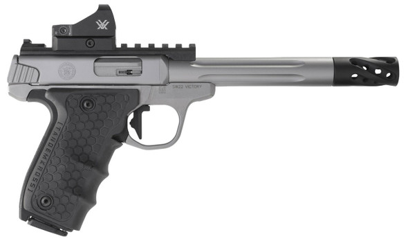 SMITH WESSON 12079 PERFORMANCE CENTER VICTORY TARGET 22 LR 6 MB 101 STAINLESS STEEL TANDEMKROSS BLACK HIVEGRIP WITH INTEGRATED TARGET THUMB REST GRIP RED DOT