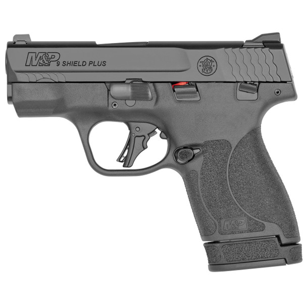 SMITH & WESSON, SHIELD PLUS, STRIKER FIRED, MICRO-COMPACT, 9MM, 3.1" BARREL, WHITE DOT SIGHTS, POLYMER FRAME, THUMB SAFETY, FLAT FACE TRIGGER, 2 MAGS, 1-10RD 1-13RD, BLACK