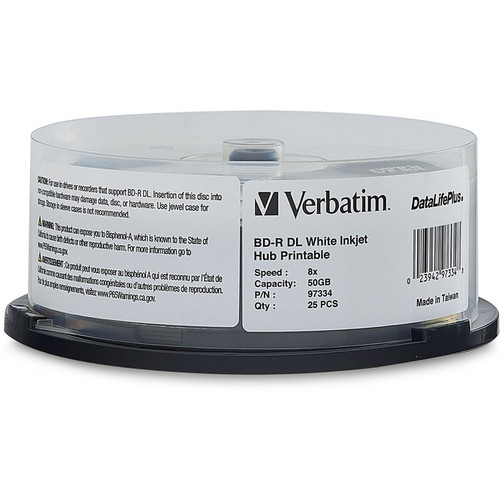Verbatim BD-R DL 50GB 8X, White Label, DataLife+, White InkJet Hub Printable, 25