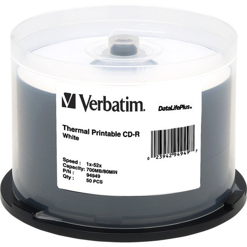 Verbatim CD-R 700MB 52X DataLifePlus White Thermal Printable - 50pk Spindle - Pr