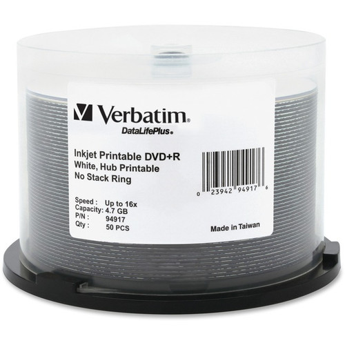 Verbatim DVD+R 4.7GB 16X DataLifePlus White Inkjet Printable, Hub Printable - 50