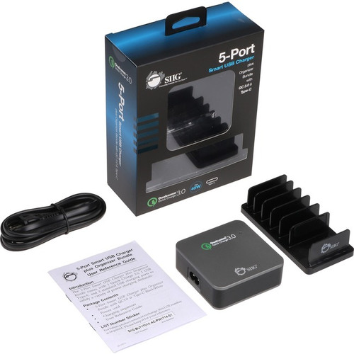 SIIG 5-Port Smart USB Charger plus Organizer Bundle with QC3.0 & USB-C - Black -