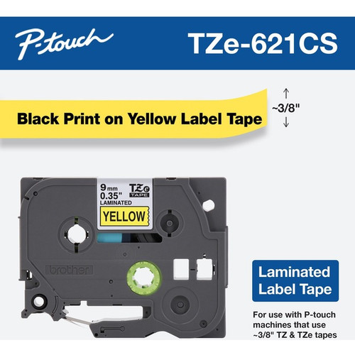 Brother TZe-621CS, 0.35" x 26.2', Black on Yellow Laminated Label Tape - Black O