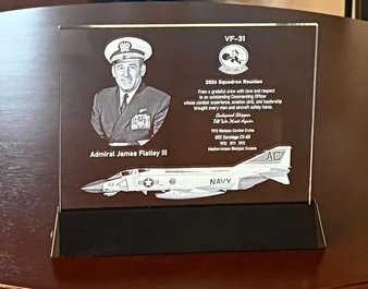 Crystal Print Photo Crystal Lighted Plaque Memorial, engraved tribute for Admiral James Flatley III with a portrait of a naval officer and a fighter jet image.