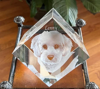 Crystal Print 3D Diamond Pet Crystal, a transparent 3D engraved crystal cube featuring the detailed portrait of a dog, named Lenny, resting on a decorative metal stand.