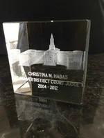 Crystal Print Recognition Award 3D Crystal Cube, transparent cube with engraved cityscape and text celebrating Christina M. Habas for district courage 2004-2012.