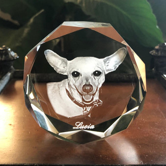 Crystal Prints Pet Memorial Jeweled Puck, engraved with a portrait of a dog and the name 'Luisa' at the bottom.
