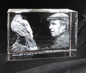 3D Photo Crystal Block, engraved with a detailed image of a man and a bird, featuring the quote 'Some gifts we hold in our hand, some we hold in our heart.' engraved at the bottom.