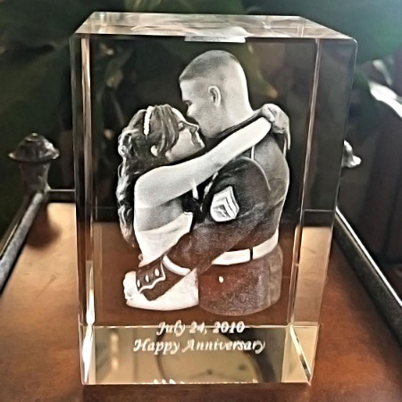Crystal Print Anniversary Rectangular 3D Photo Crystal Block, engraved with a romantic couple's image, date July 24, 2010, and Happy Anniversary message, in a stylish rectangular design.