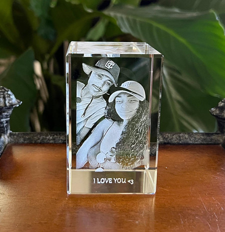 3D Photo Crystal Block (Design Online), personalized crystal photo with engraved image of a couple and the message 'I LOVE YOU <3' at the base.  K9 crystal